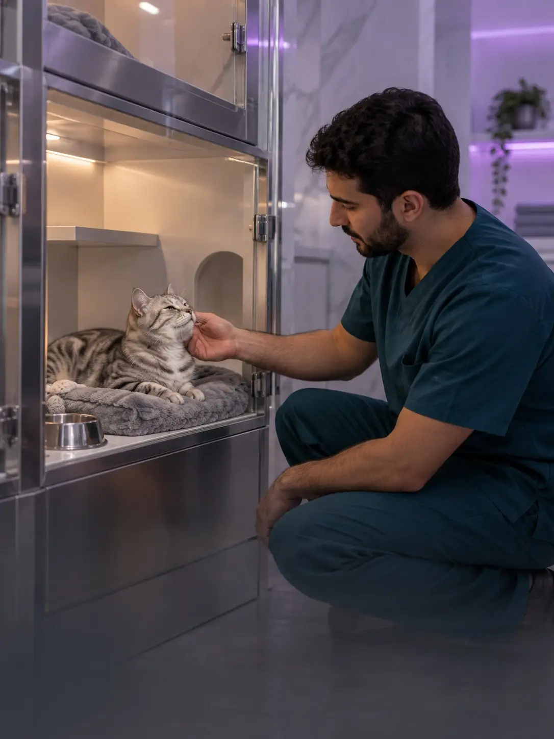 A vet strokes a silver tabby resting in a cat condo (illustrative image)