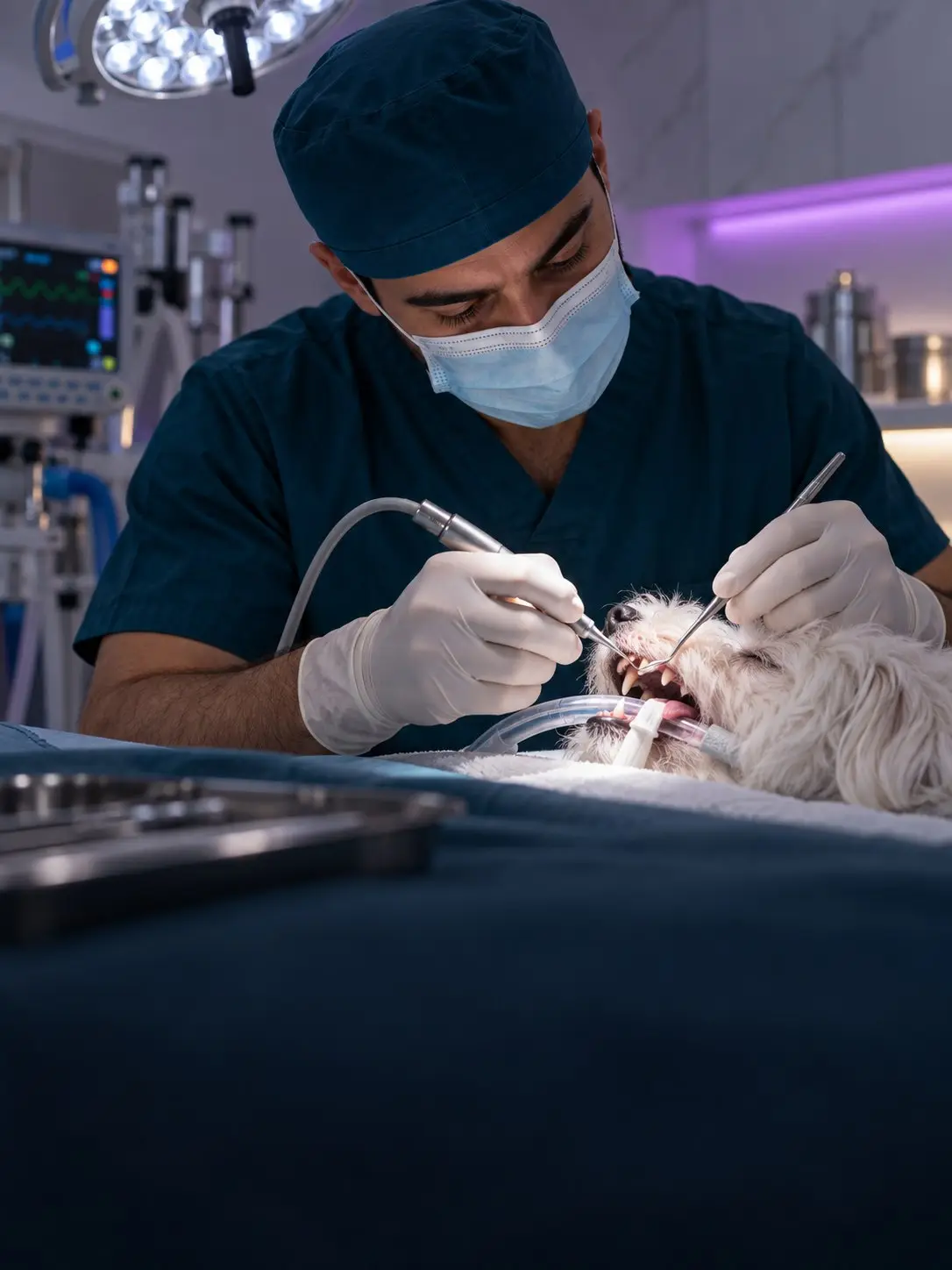 A vet scales the teeth of an anaesthetised small dog (illustrative image)