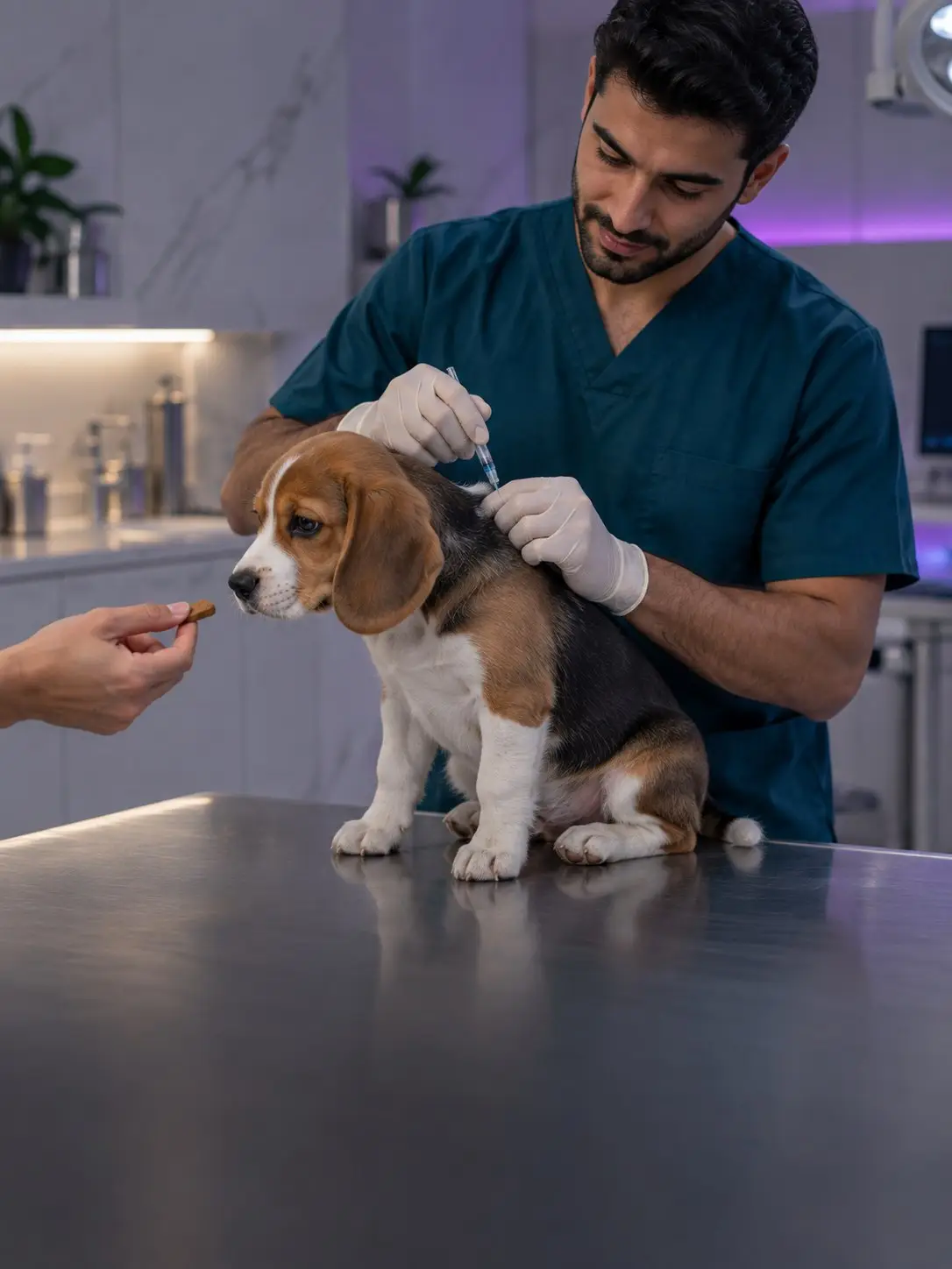 A vet vaccinates a beagle puppy on the exam table (illustrative image)