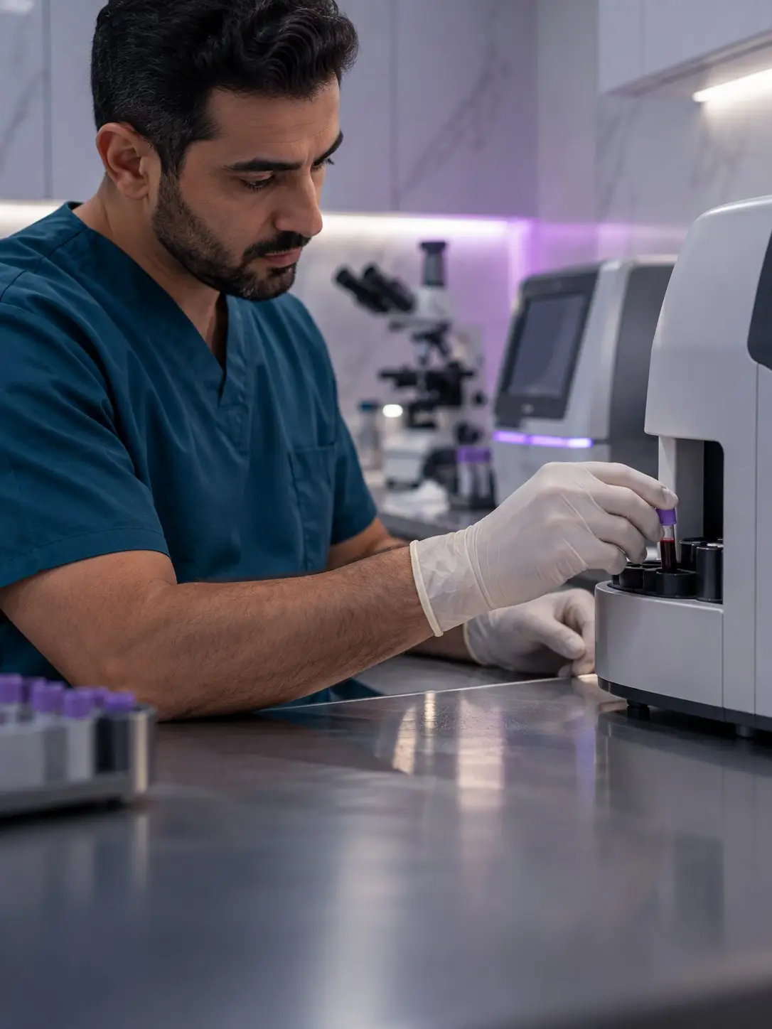A technician loads a blood sample into a benchtop analyser (illustrative image)