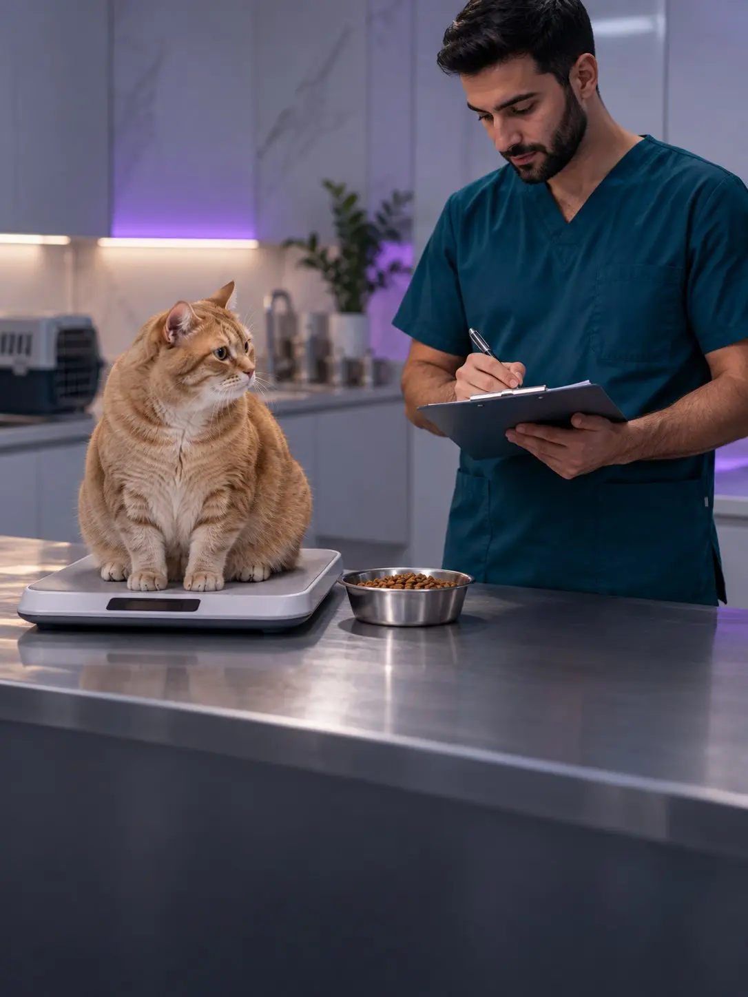 An overweight ginger cat sits on a scale while a vet takes notes (illustrative image)