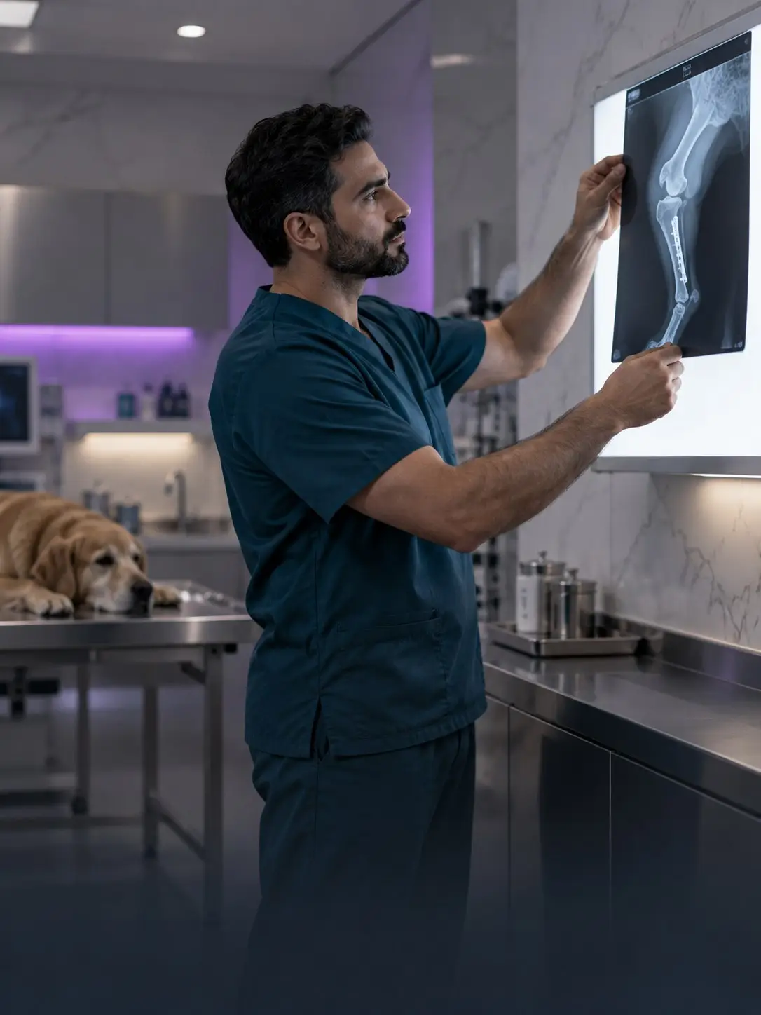 A vet studies a radiograph of a dog's leg with a bone plate (illustrative image)