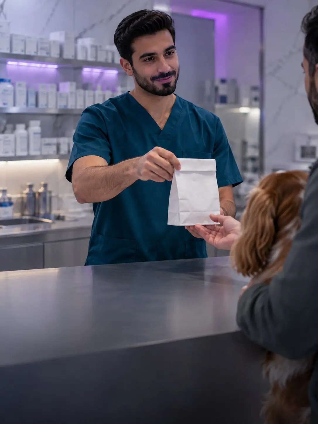 A vet hands a medicine bag over the pharmacy counter (illustrative image)