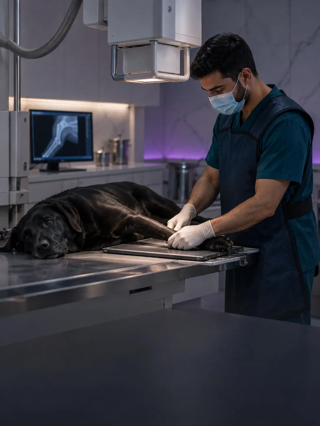 A vet positions a black Labrador on the x-ray table (illustrative image)