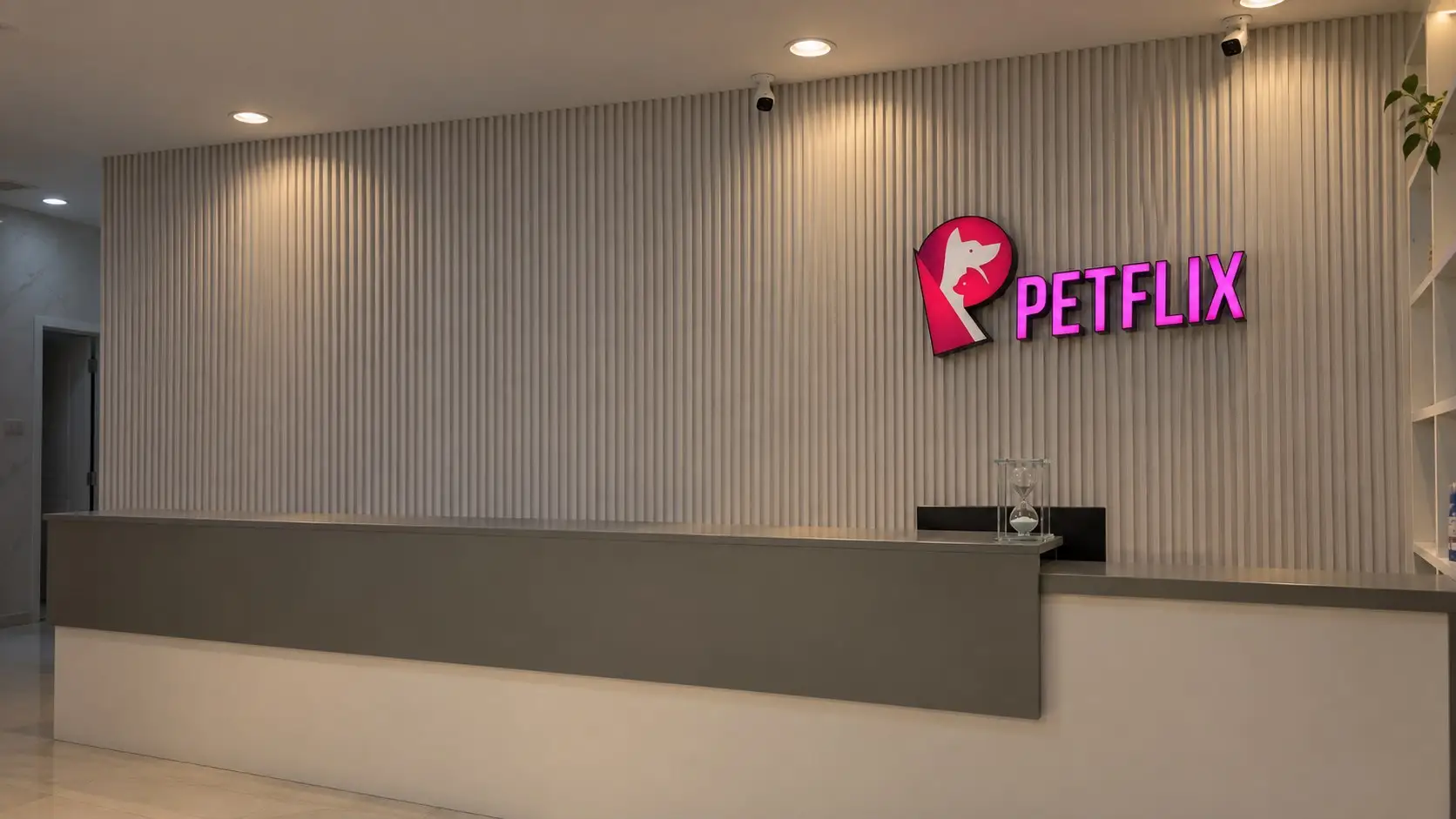 The Petflix reception desk and the clinic sign on the fluted white wall