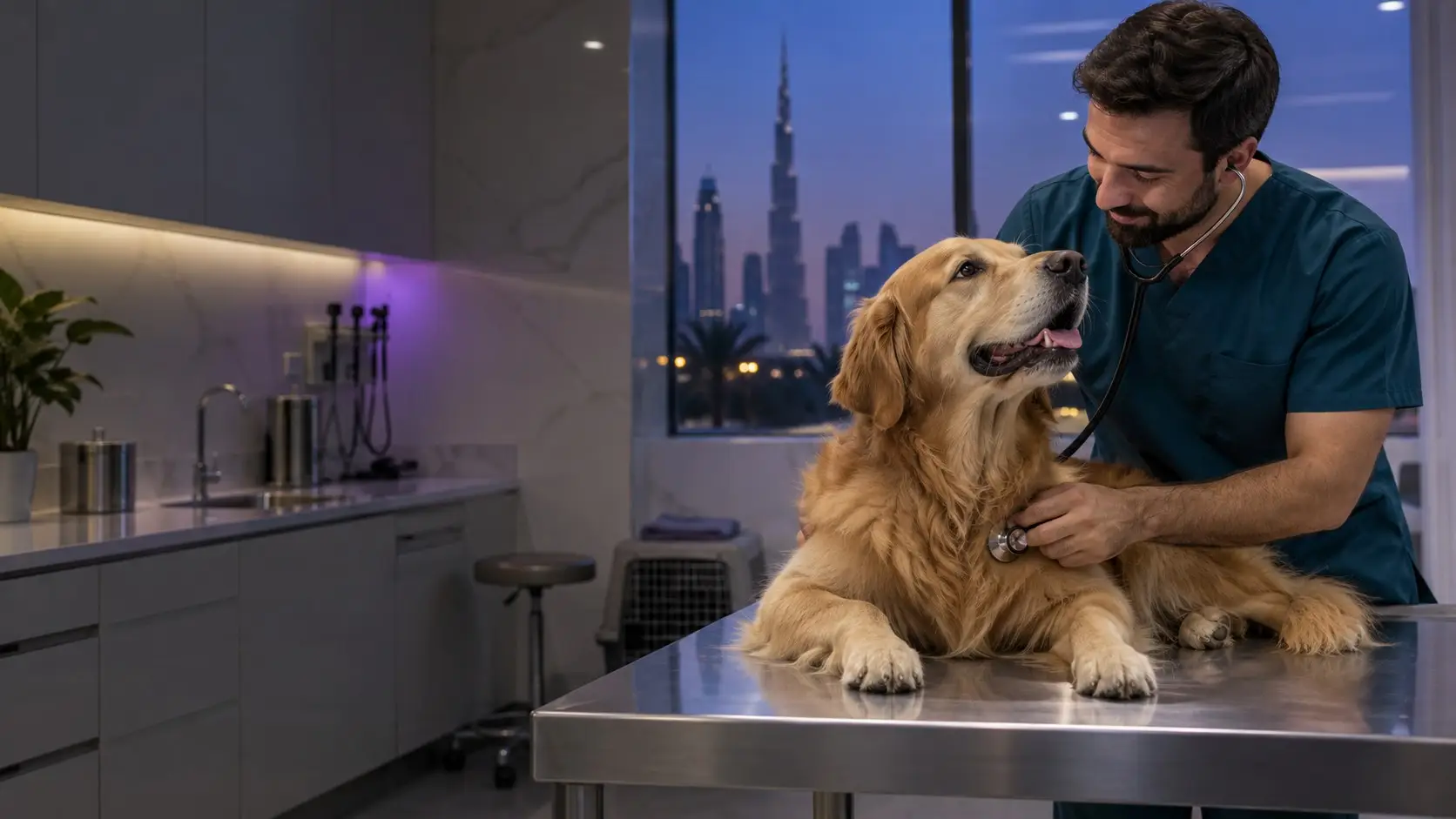 A vet listens to a golden retriever's chest on an exam table in the evening, with the Dubai skyline in the window behind