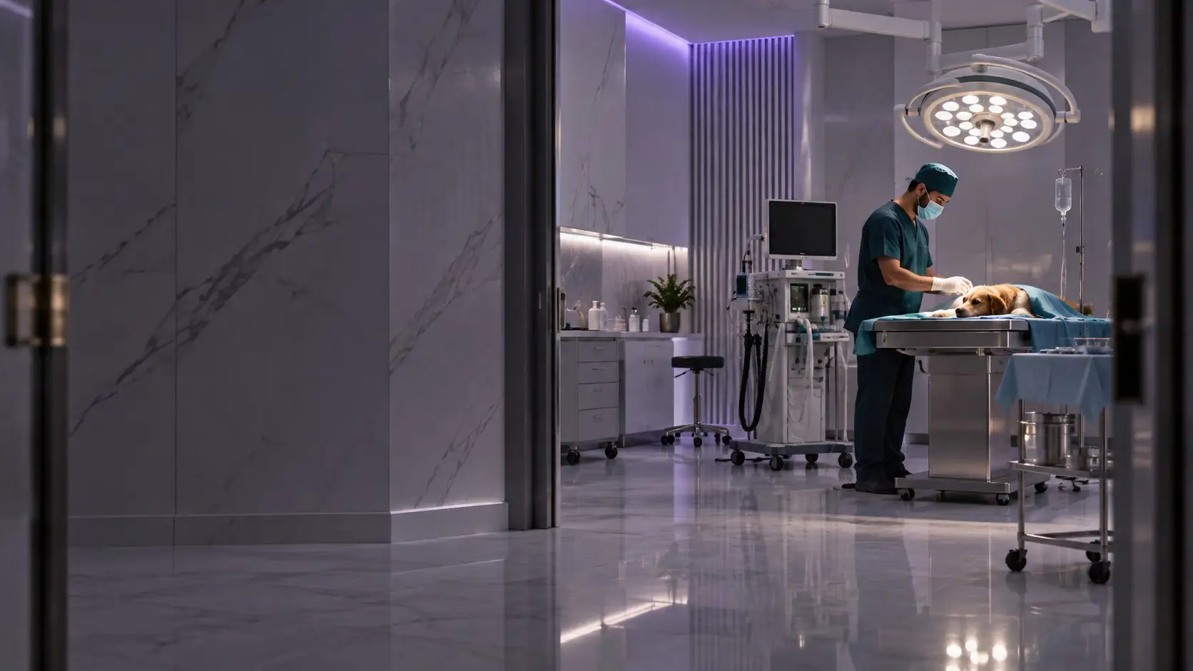 A surgeon at the operating table under the theatre lamp (illustrative image)