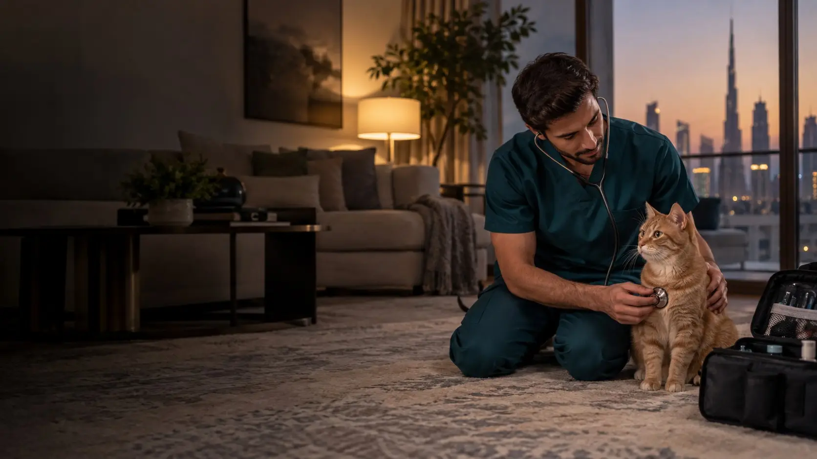 A vet kneels on a living-room rug examining a ginger cat beside a medical bag (illustrative image)