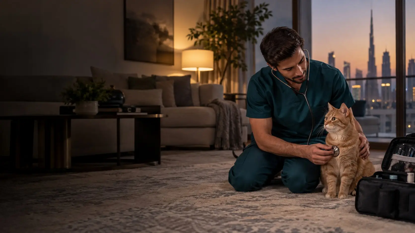 A vet examines a ginger cat on a living-room rug (illustrative image)