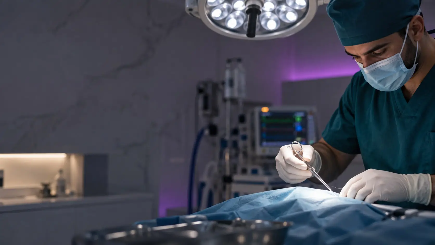 A surgeon in mask and gloves works under a theatre light (illustrative image)
