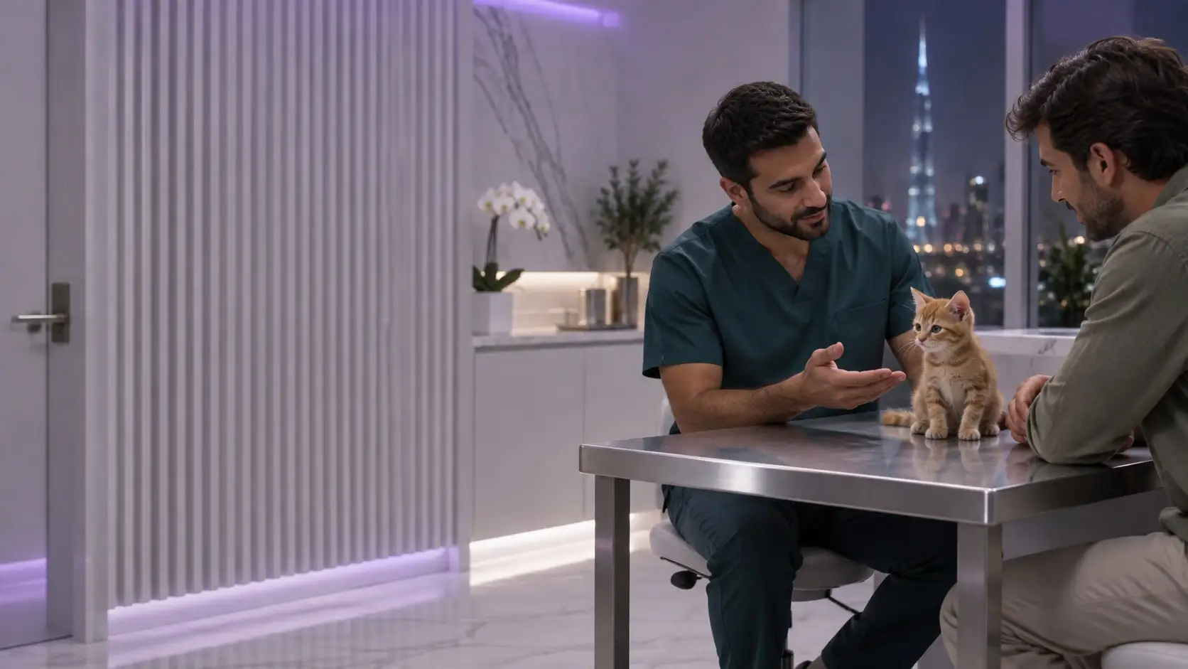 A vet explains a kitten’s check-up to its owner at the consulting table (illustrative image)