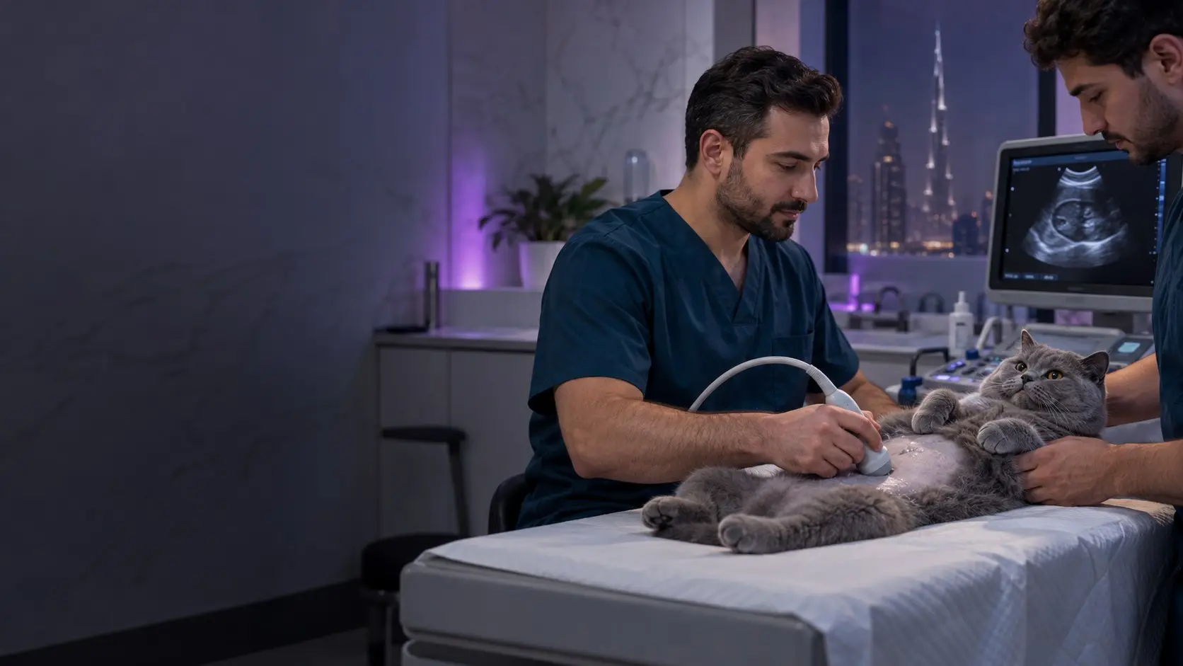 A vet scans a grey cat with an ultrasound probe while a nurse steadies it (illustrative image)