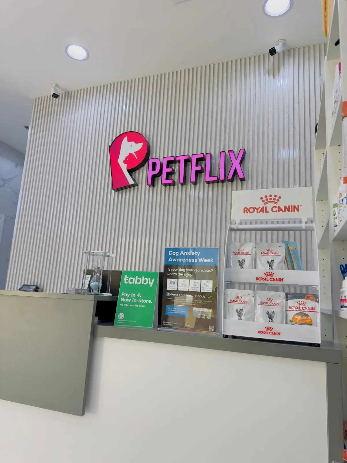 The Petflix reception desk with the clinic sign on the wall