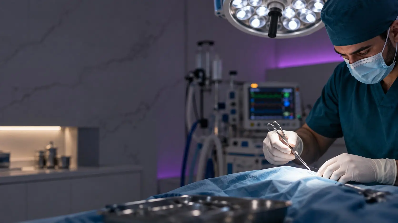 A surgeon in mask and gloves works under a theatre light (illustrative image)