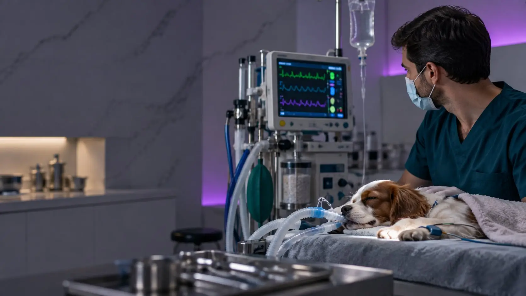 A nurse watches the monitor beside a small dog asleep under a blanket (illustrative image)