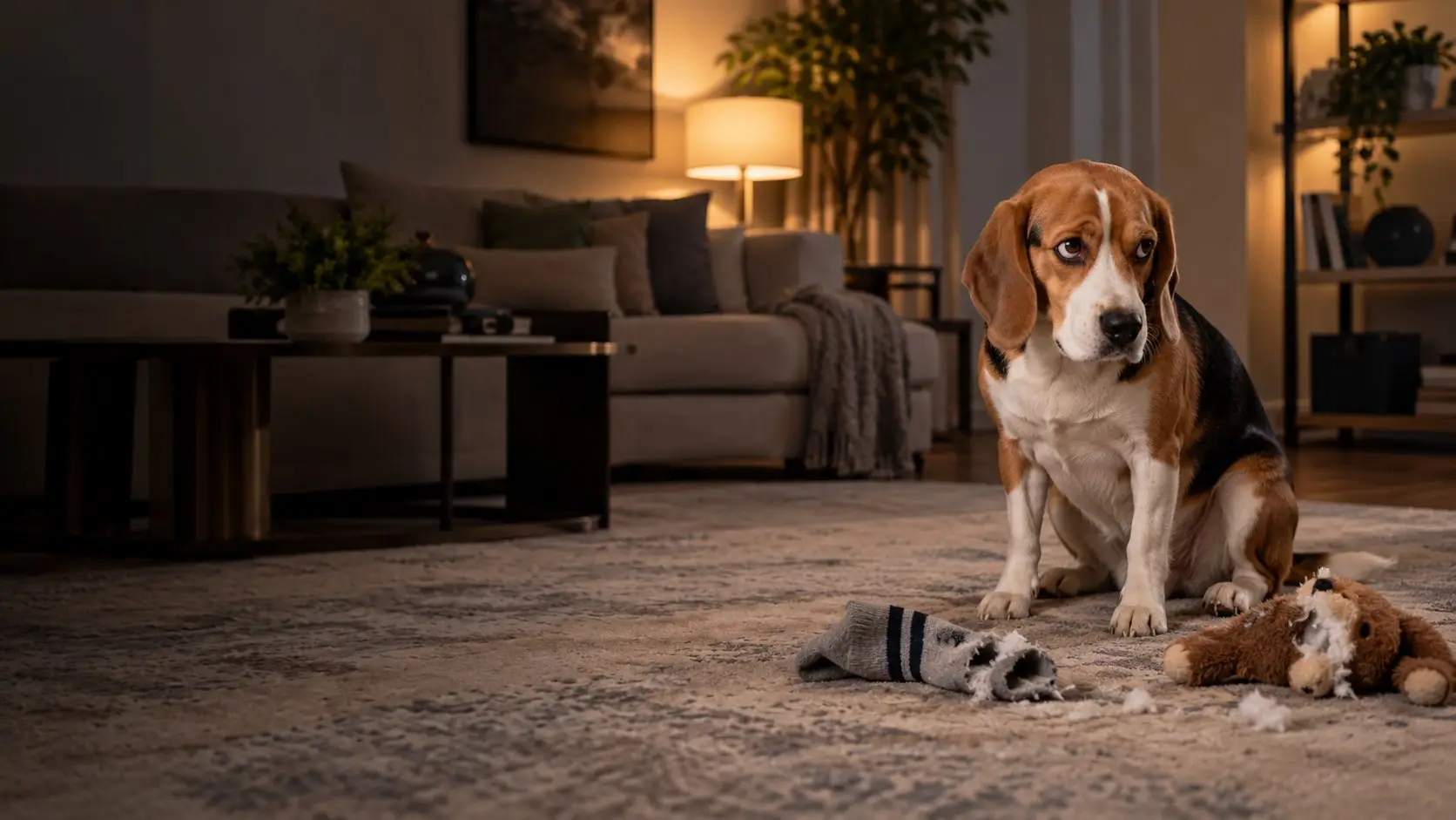 A beagle sits beside a torn sock and a chewed toy (illustrative image)