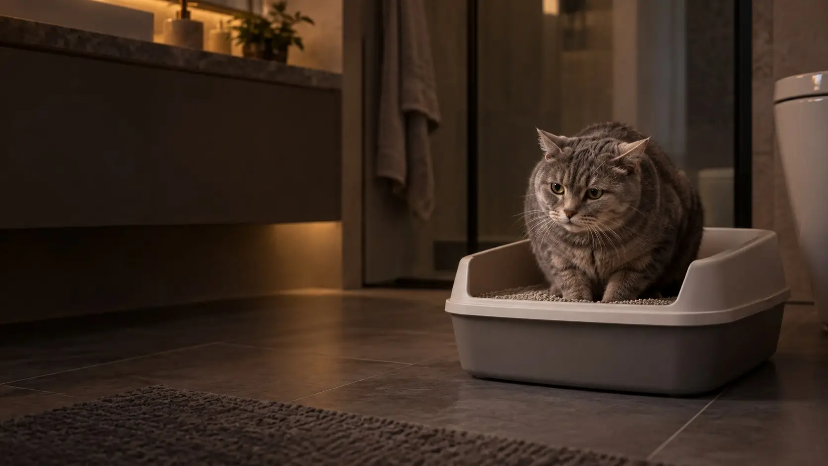 A grey male cat crouches in a litter tray, straining (illustrative image)
