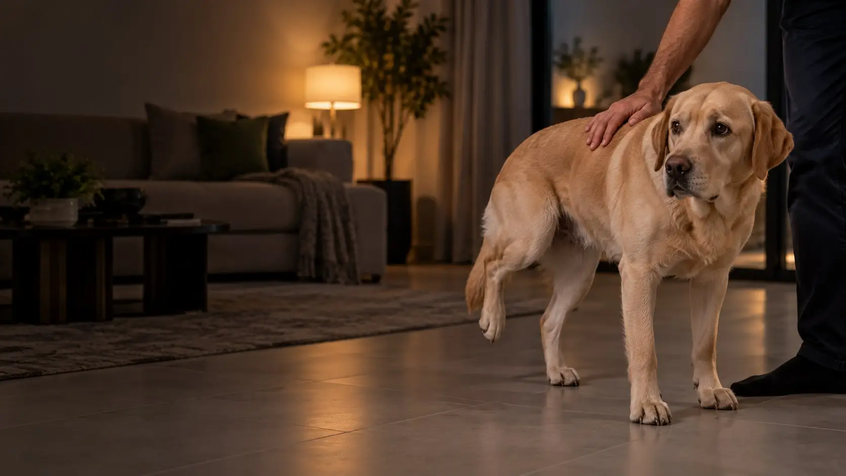 A Labrador holds one hind leg off a tiled floor (illustrative image)