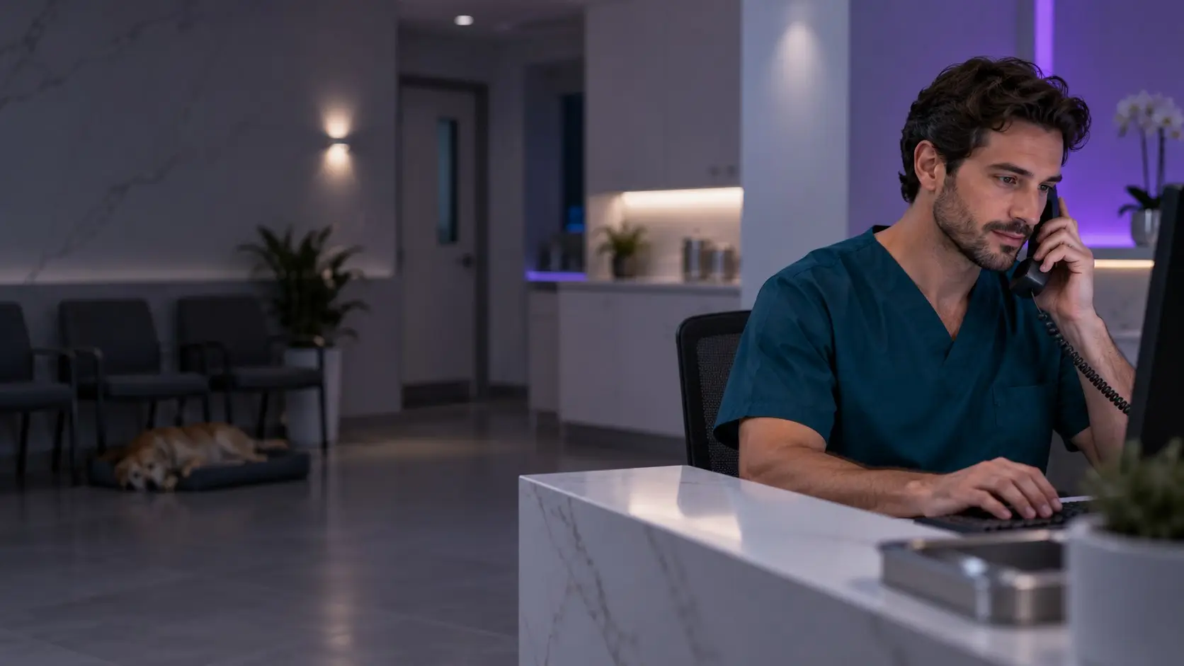 A staff member answers the clinic phone at the reception desk at night (illustrative image)