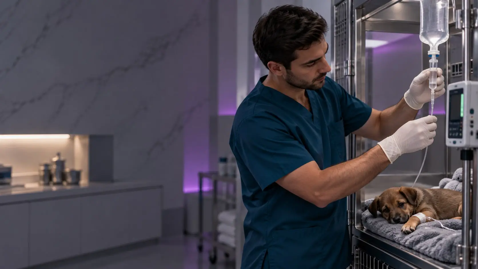 A nurse adjusts the drip for a puppy on fluids in an isolation kennel (illustrative image)