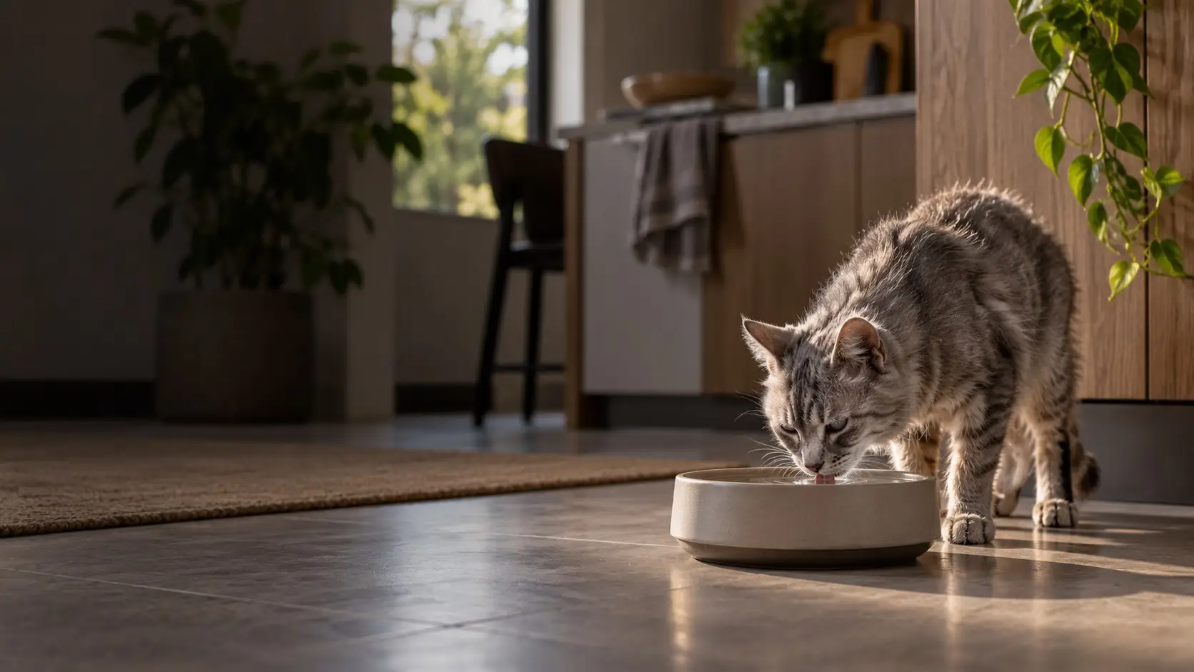 An elderly thin cat drinks from a wide water bowl (illustrative image)